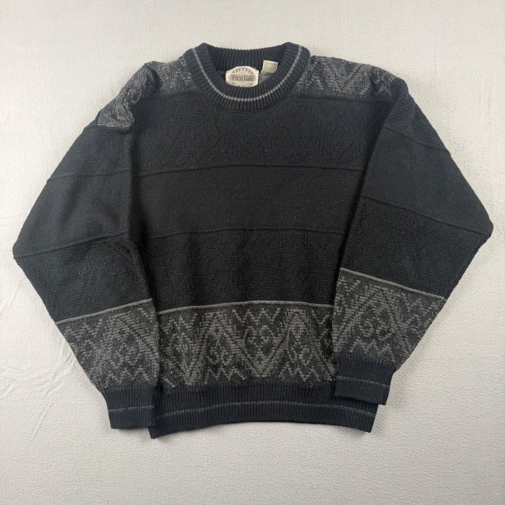 Vintage Free Fall Mens L Crewneck Sweater Black Charcoal Grey Geometric Knit